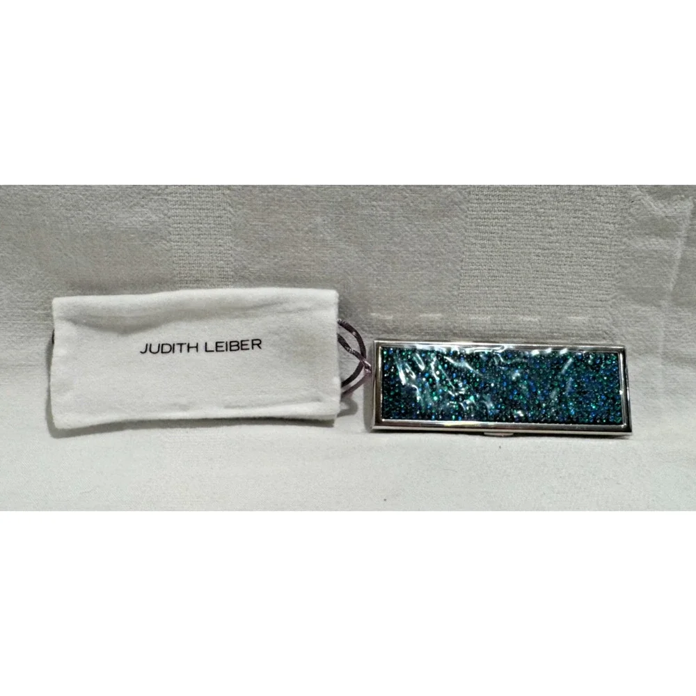 NIB JUDITH LEIBER Blue Green Real Crystal Stones Makeup Compact Mirror